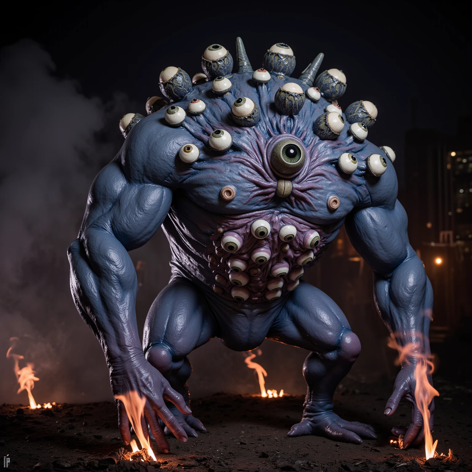 Criatura grande de carne, morto-vivo, two horrible heads, face monstruosa com dentes pontudos e sem olhos, carne exposta, boca gigante cheia de dentes na barriga, boca na barriga, Four arms, quatro pernas, costuras mal feitas, coberto de sangue vermelho, 4K, realista, textura de carne extremamente realista, detalhado, HD, criatura grotesca, zumbi de carne, veias pulsantes, sangue, terrible amalgam of flesh