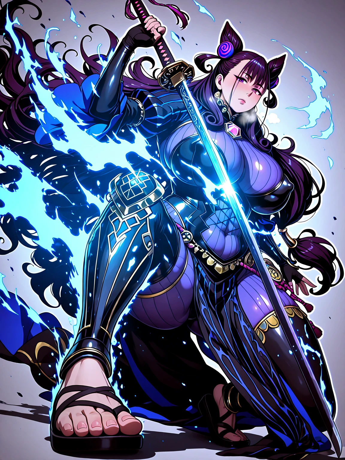1girl, brown hair, golden eye, katana, flames, burning houses, glowing, sidelighting, wallpaper,