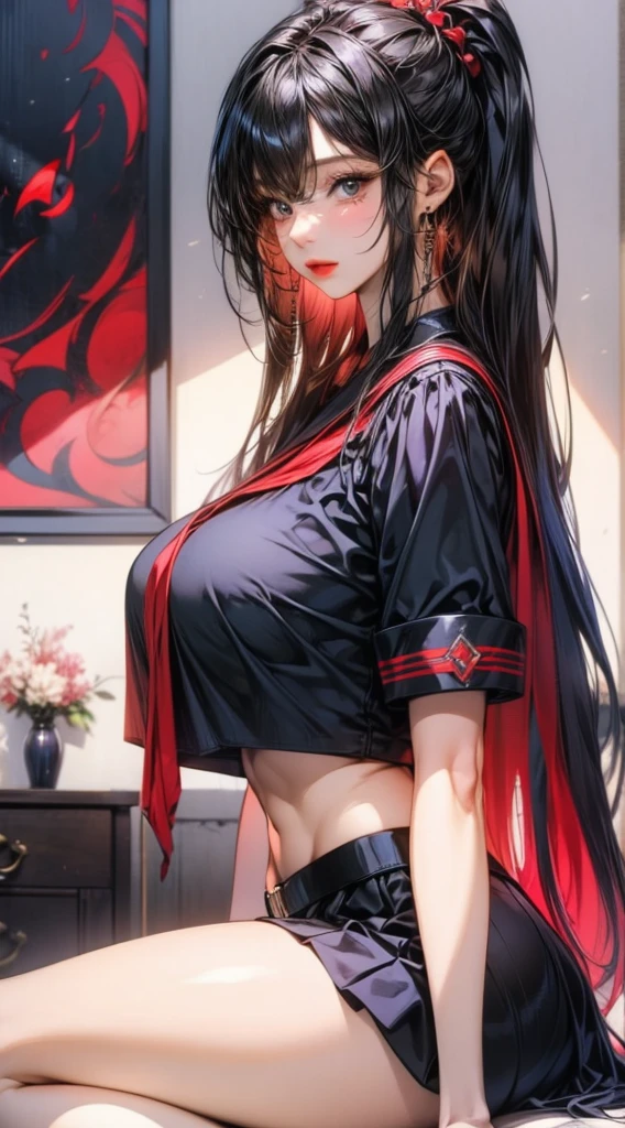 masterpiece, best quality, highres, hancock1, 1girl, boa hancock, large breasts, long hair, crop top, side slit, <lora:boa_hancock_v1:0.9>, cowboy shot, (small breasts:1.1), Externally expanded Chest,