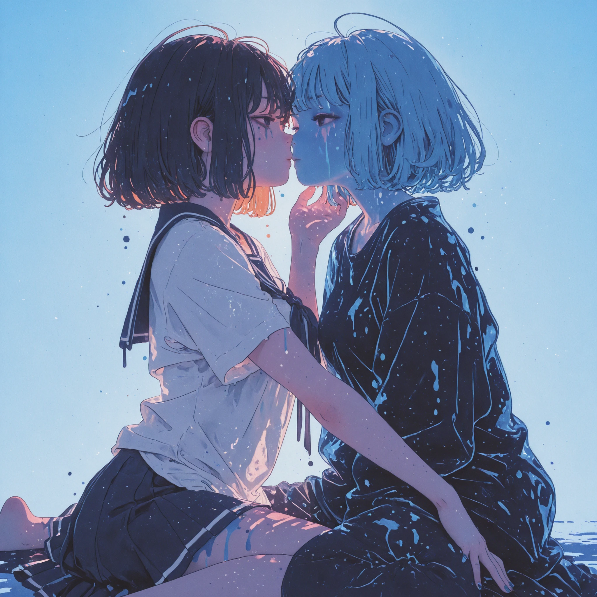 score_9, score_8_up, score_7_up, 2girls, kissing, yuri, romantic, torogao, sitting, standing, hug, hug from behind, street cafe, hand on another's shoulder, hand on another's wrist, kiss, short hair, long hair, closed eyes, open eyes, handholding, school uniform, long skirt, pleated skirt, blue skirt, white shirt, <lora:xl_more_art-full_v1.safetensors:0.65:0.65> <lora:hentai_anime_style_pony_v2.safetensors:0.8:0.8> <lora:Concept Art Twilight Style SDXL_LoRA_Pony Diffusion V6 XL.safetensors:0.8:0.8> <lora:Expressive_H-000001.safetensors:0.8:0.8> <lora:Fant5yP0ny.safetensors:0.8:0.8> <lora:Pony_DetailV2.0.safetensors:0.8:0.8>