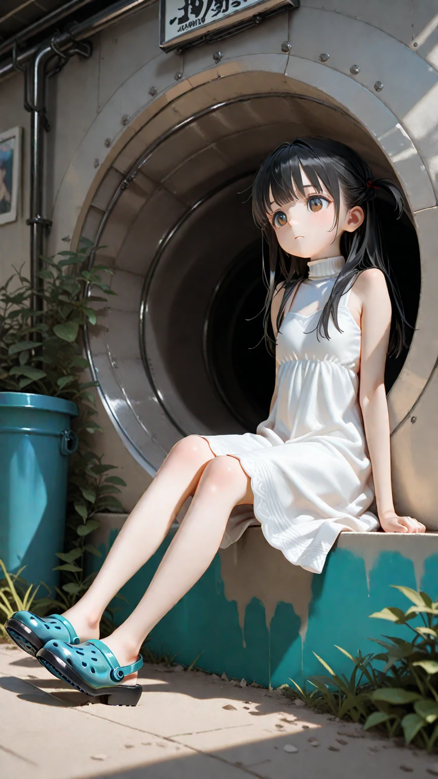 Solo, UHD, Super Detailed, High Quality, Best Quality, Masterpiece, High Resolution, Anatomically Correct, 1loli, petite, 1preteen girl,skinny. A 14-years-old junior high school girl, long black hair, she wear a white turtleneck sun dress, and crocs shoe, sitting, resting on walls. Inside the narrow tunnel, bunch of sakura flowers is coming from the other end, the flowers is carried by the wind, tunnel way, light from the other end