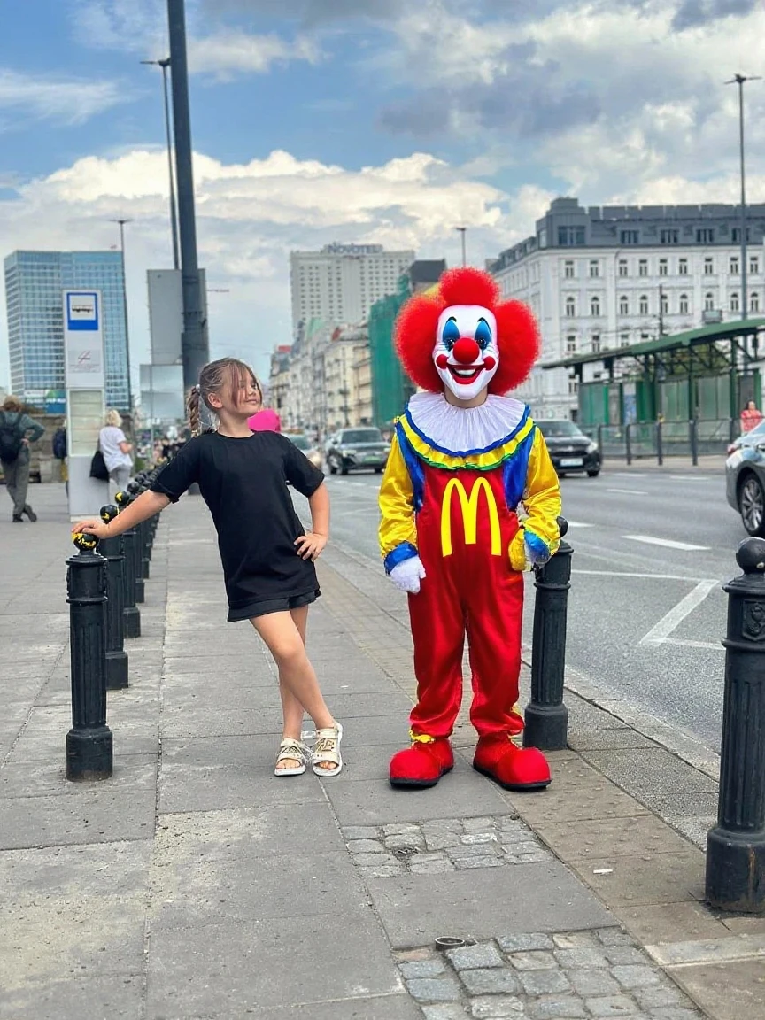 Statue of the clown and the girl sitting on a bench, Ronald MacDonald, Image of Ronald MacDonald, mcdonalds, mcdonalds, mc donalds, with a child, Photo [ far ], ???, Golden arches, Children, Inspired by Ronald Ray, beijing, wei wang, lulu chen, giving the middle finger, Photo ( far _ Shot ), Lu Ji, with fries