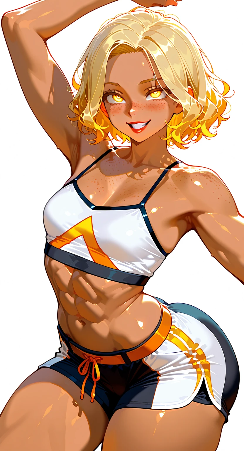 18 year old anime muscle mommy with white hair and pale skin in a yellow thong bikini flexing her muscles with her hands behind her head so they are not seen to pridefully show off her abs on a white sanded beach, highly detailed
