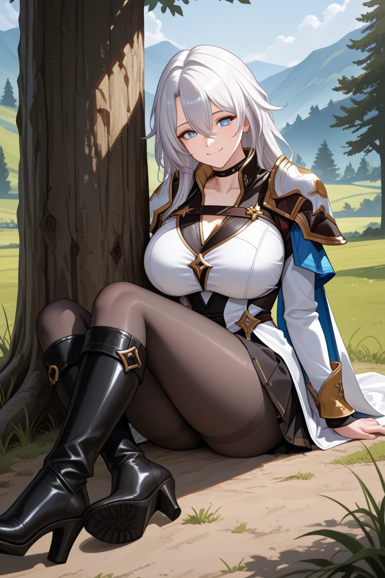 ((highest quality)), ((masterpiece)), ((hyperrealistic)), (detailed background), anime style, 1girl, ((curvy: 1.2)), (looking away), kawaii, paladin, ((racing lame leotard)), ((catsuit leotard)), (paladin armor), (breastplate armored dress), cloak de cour, gauntlet, gloves, white hair, ahoge, (large breasts), (see-through cleavage cutout), (zettai ryouiki black thigh high socks), (see-through pantyhose thighs), (pantyhose groin area), beautiful eyes, perfect face, Perfect hands, perfect fingers, Blue sky and grassland,