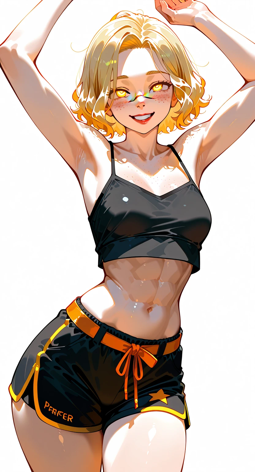 Gyaru girl, tan skin, short hair, messy hair, glossy lips, smile, large lips, light blue eyes, winking, crop top, abs, jeans, wide hips, furrowed brows, licking her lips, one piece swimsuit tan line, drooling
