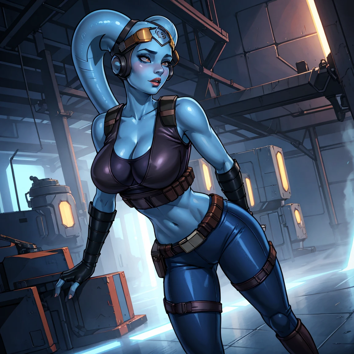 Tall Blue Skin Twi'lek with (gigantic breasts) wearing a grey tank top, black compression shorts, tool belt, work gloves, tattoos, huge breasts, cleavage, tall, graceful, (tall, long legs), athletic, slim hips, small waist, full-body shot