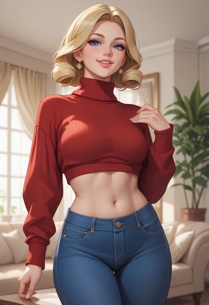 long hair, breasts, looking at viewer, short hair, multiple girls, blonde hair, large breasts, brown hair, navel, 2girls, brown eyes, jewelry, nipples, ass, earrings, penis, clothes lift, blurry, sweater, pubic hair, uncensored, blurry background, bottomless, turtleneck, female pubic hair, piercing, erection, testicles, sex toy, ribbed sweater, freckles, futanari, realistic, nipple piercing, navel piercing, sweater lift, body freckles, orange sweater