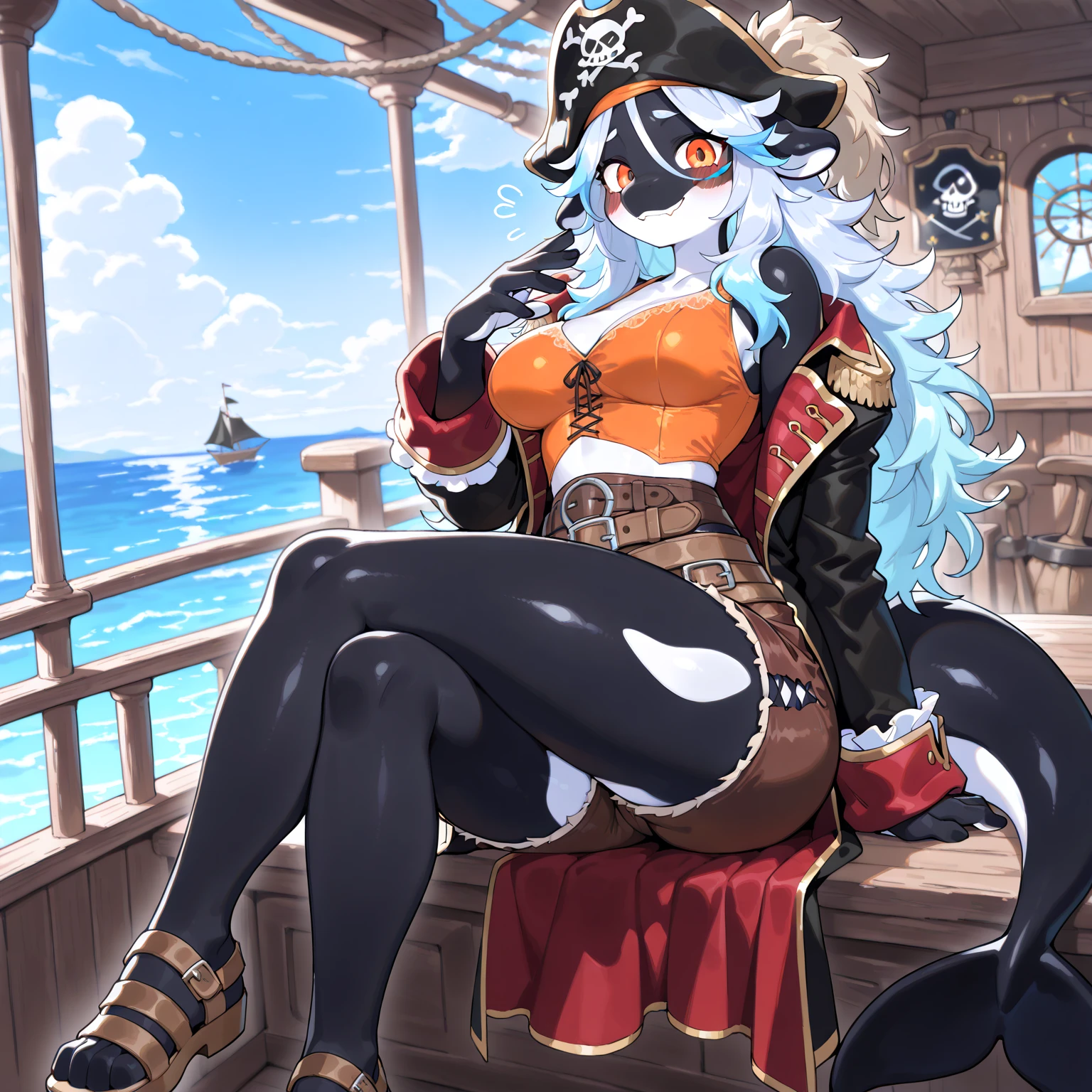 ((1 female pirate shark, shark tail, bare chest, bare pussy)),((big breasts)),((very big pubic hair)),((big blue hair)),((blue eyes, smile) ),((facing the viewer)),((on a pirate ship, at sea during the day)),
