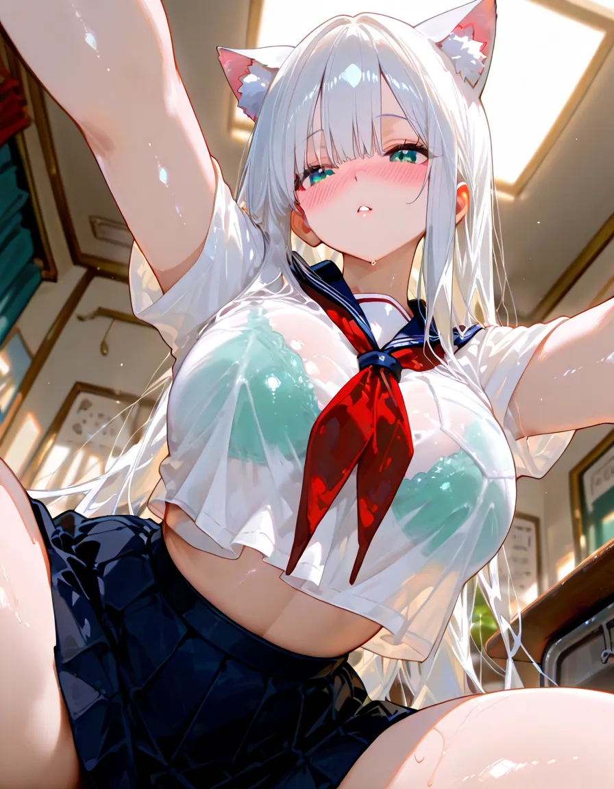 highest quality,wonderful,finely,extremely detailed CG Unity 8K wallpaper, (skinny body),(huge breasts:1.4), (sailor uniform:1.2), (Open clothes), (Light blue striped underwear:1.1),(Beautiful ass:1.2), (Waistline)