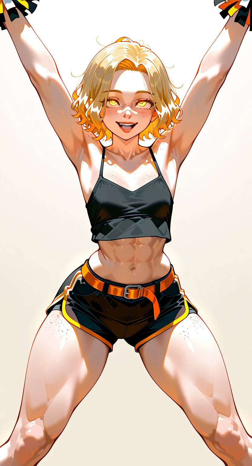 Gyaru girl, tan skin, short hair, messy hair, glossy lips, smile, open mouth, large lips, light blue eyes, winking, crop top, abs, jeans, wide hips, furrowed brows, tongue sticking out of her mouth, one piece swimsuit tan line, drooling