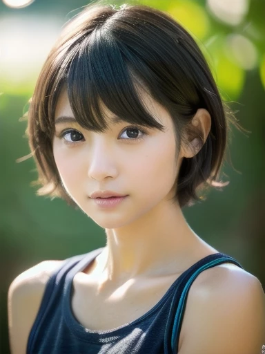 (RAW photo, highest quality), (realistic, Photoreal:1.3), very delicate and beautiful, soft light, (brown hair, short hair swaying in the wind, bangs), beautiful detailed girl, (finger details), highly detailed eyes and face, beautifully detailed nose, beautiful and detailed eyes, 1 girl, Japanese, Neat beauty, cute, young, smile, , (medium breasts), realistic face, realistic body, naked, The hair on your skin shines、Rough skin、stare at the camera、bust
