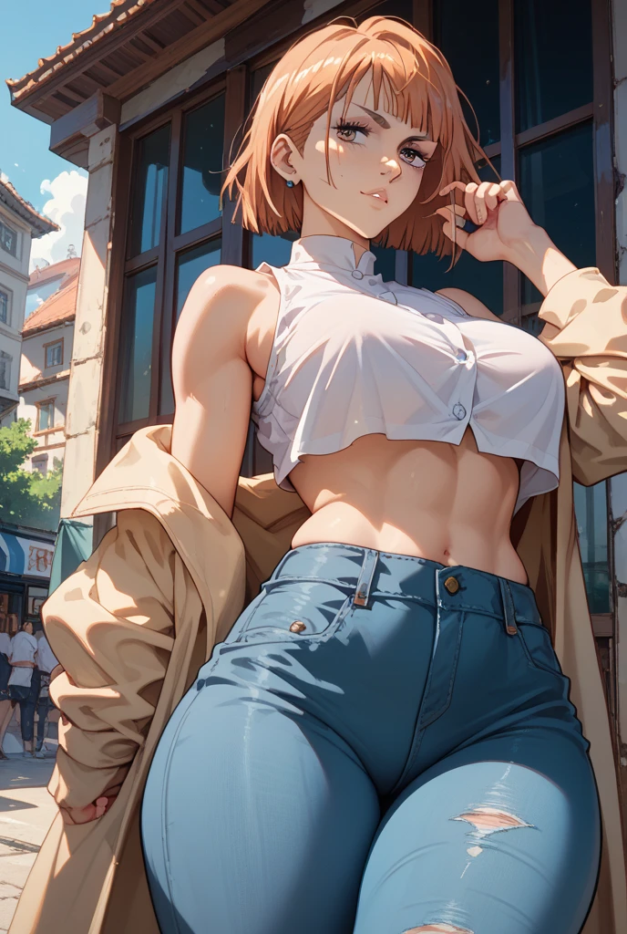 Boy, male body, adult, girl face, seductive face, provocative look, redhead, wolf cut hair, perfect body, fit body, thin waist, white shirt, jacket, muscular, small girl's chest, jean shorts with pretuberance, leather boots, pretuberance,