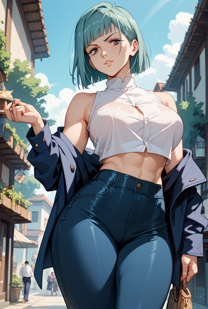 ((best quality)), ((masterpiece)), (detailed), perfect face, blue top, crop top, blue fitted sports shorts, huge breasts, huge ass , green hair