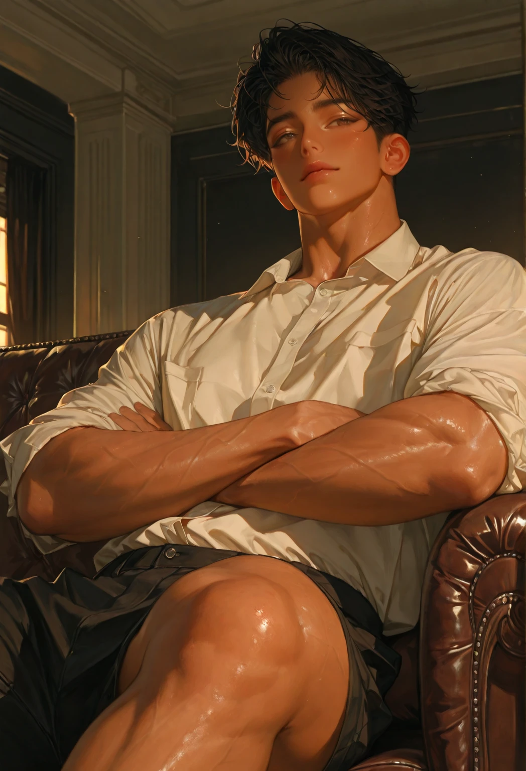 il painting by caravaggio, art noveau deco, paul chabas, a young man latino athletic tonned body, barefoot, shorts, hsppy gaze, smiling gorgeous, pefect simetryc body and face He is sitting slightliy leainig forward, on a ultradetailed barroque style chair, black background, starting at the viewer, happy face evocking happiness, Shadows and lighting, realistic lumen lighting, octane render, shiny vibrant colors, centered, symmetry, painted, intricate, volumetric lighting