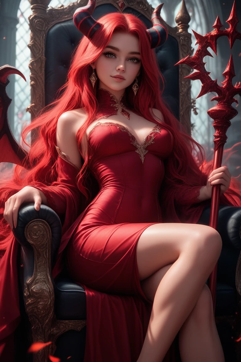 Perfect face, cute girl, big breasts, red hair, dark red horns, devil, sitting on throne, hell background