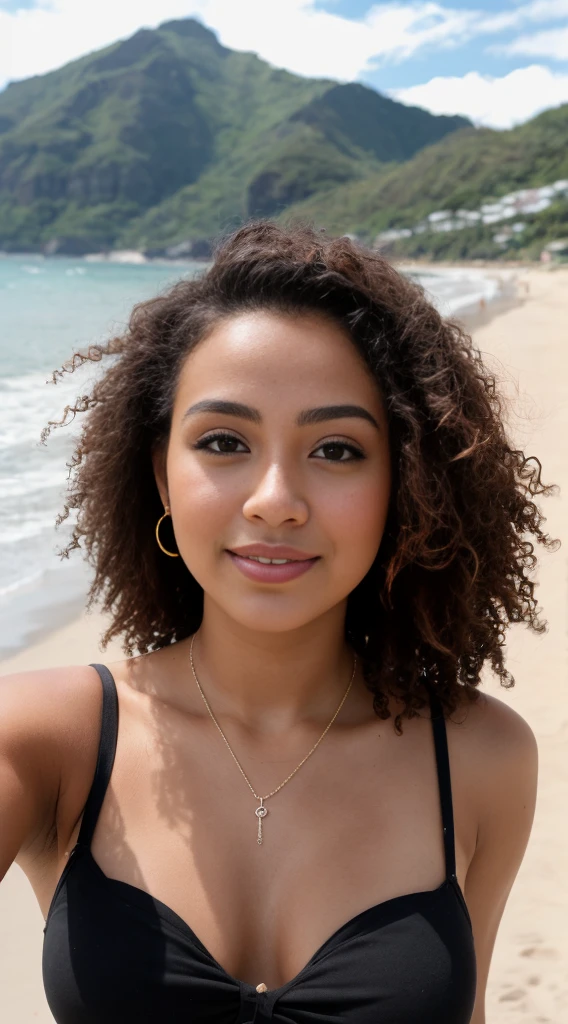 Can u make a realistic 1 girl with short brown medium curly hair touching shoulders medium length face with brown eyes with a closed smile smile.wearing some eye glasses with gold metal and a round shape with a corner in each end . A little bit of acne and some rose lips, a hoop nose piercing and three piercing on each ear. Wearing a black strapless median length tight top and blue pj shorts she has a skinny body but no to skinny
. Wearing some adidas samba. She’s standing up with a beach behind her