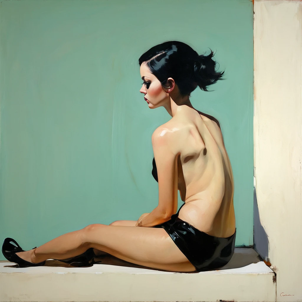 beautiful woman, eroticism,slender and slim long legs body, long black hair, embroidered sexy underwear, between shadows, oil painting, chiaroscuro, sensual, dramatic lighting, moody atmosphere, photorealistic, intricate details, masterpiece, ultra-detailed, high quality, 8k, best quality, realistic, cinematic, dark and brooding, expressionistic, powerful composition, emotional impact, Bill Sienkiewicz inspired art, (nude:1.0), high heels