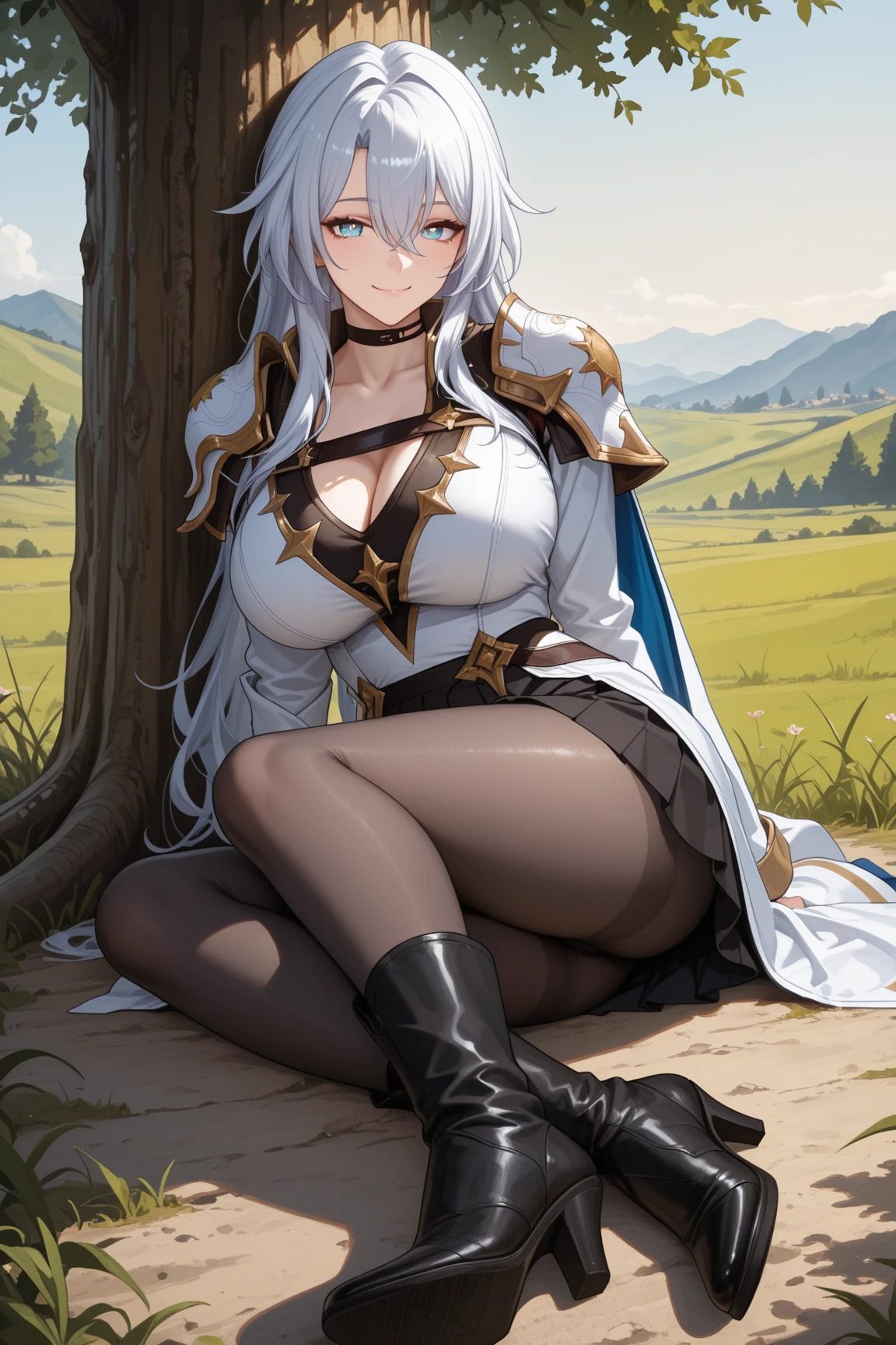 4K,High resolution,One Woman,Dark Skin Elf Big ,knight,White high leg leotard armor,,Heavy Armor,White shoes,Satin Long Gloves,,in the forest Knee-high socks、