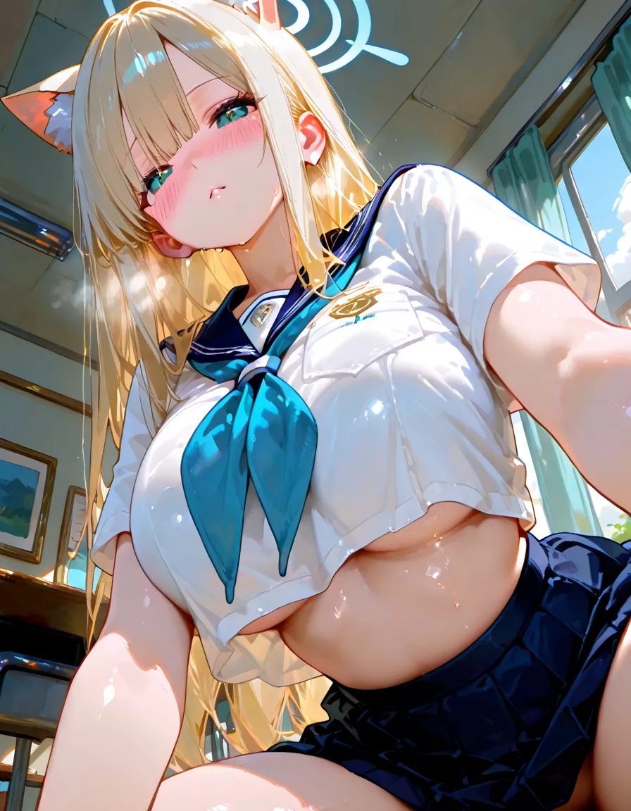 {{{10 years old}}}, fang, 1girl, blond, ponytail, blue eyes, {{{flat chest}}}, wearing underboob white camisole, clothes lift by myself, (hands framing own cheeks),(bare nipples), bra aside, panties aside, Looking at Viewer, {{{vulgarity}}}, skyporn, sitting in locker room, From above, Nipple Tweaking, puffy nipples, nipples through, (spoken heart), (((cum in mouth, cum in pussy, cum on body, cum on breasts, cum on hair, excessive cum, pussy cum))), ((best quality)), spread legs, (((oral invitation))),