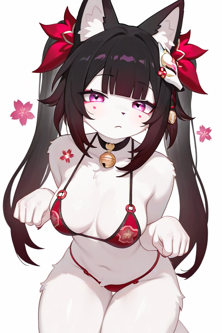 anime artwork, score_9, score_8_up, score_7_up, score_6_up, score_5_up, score_4_up,sparkle \(honkai: star rail\),1girl, twintails, black hair, medium breasts, red eyes, red eyeshadow,  fox mask, , , , , she is 24 years old, , ,horny, style_3, floox style, . She has fluorescent pink eyes with tiny black dots under each of her eyes.. naked,  , evil smile, , grey background,   standing, open towel, nude,naked, nipples, pussy, leaning forward