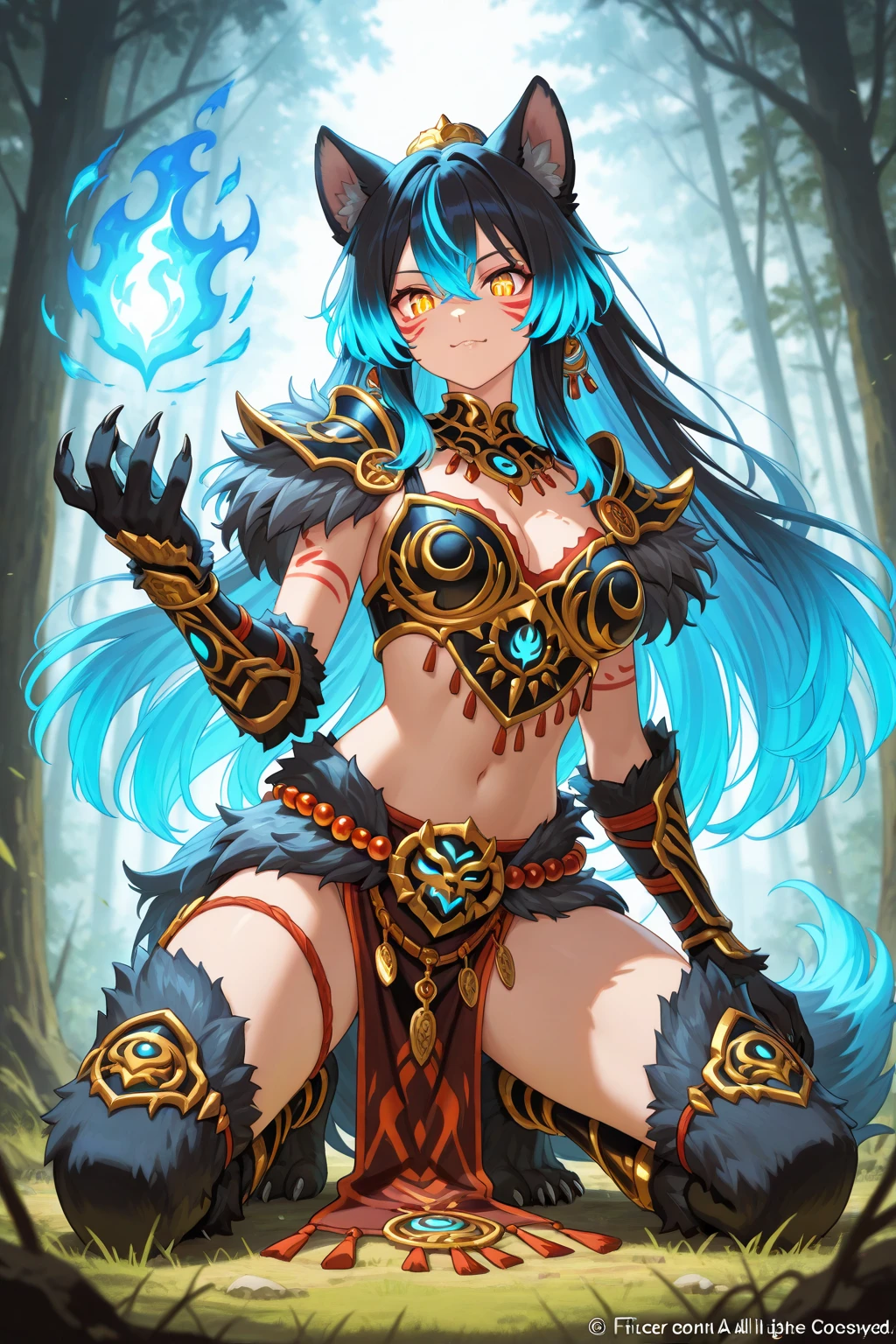 A fierce female beast warrior, half-human half-wolf, kneeling in a sacred forest clearing. Her long wild hair flows like silver flame, adorned with bones, tribal beads, and natural charms. Her eyes are sharp, her claws bloodied. A moonlit glow highlights her battle-worn fur and the glowing sigils carved into her armor. Stylized fantasy 3D, cinematic lighting, ultra-detailed, spiritual warrior vibe.