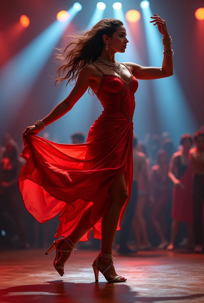 (best quality, 8k, masterpiece, highres, ultra-detailed), photorealistic, Tsukasa Hojo style, woman, red form-fitting dress, high heels, dancing, dim nightclub, confident smile, sensual expression, delicate features, soft shadows, elegant dance moves, subtle details, realistic skin, minimalist background, low-key lighting, film grain.