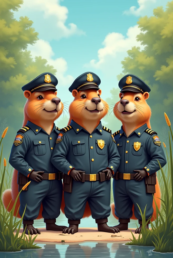 a bunch of squirrel in uniform, wearing helmets, with weapons and American flags in formation