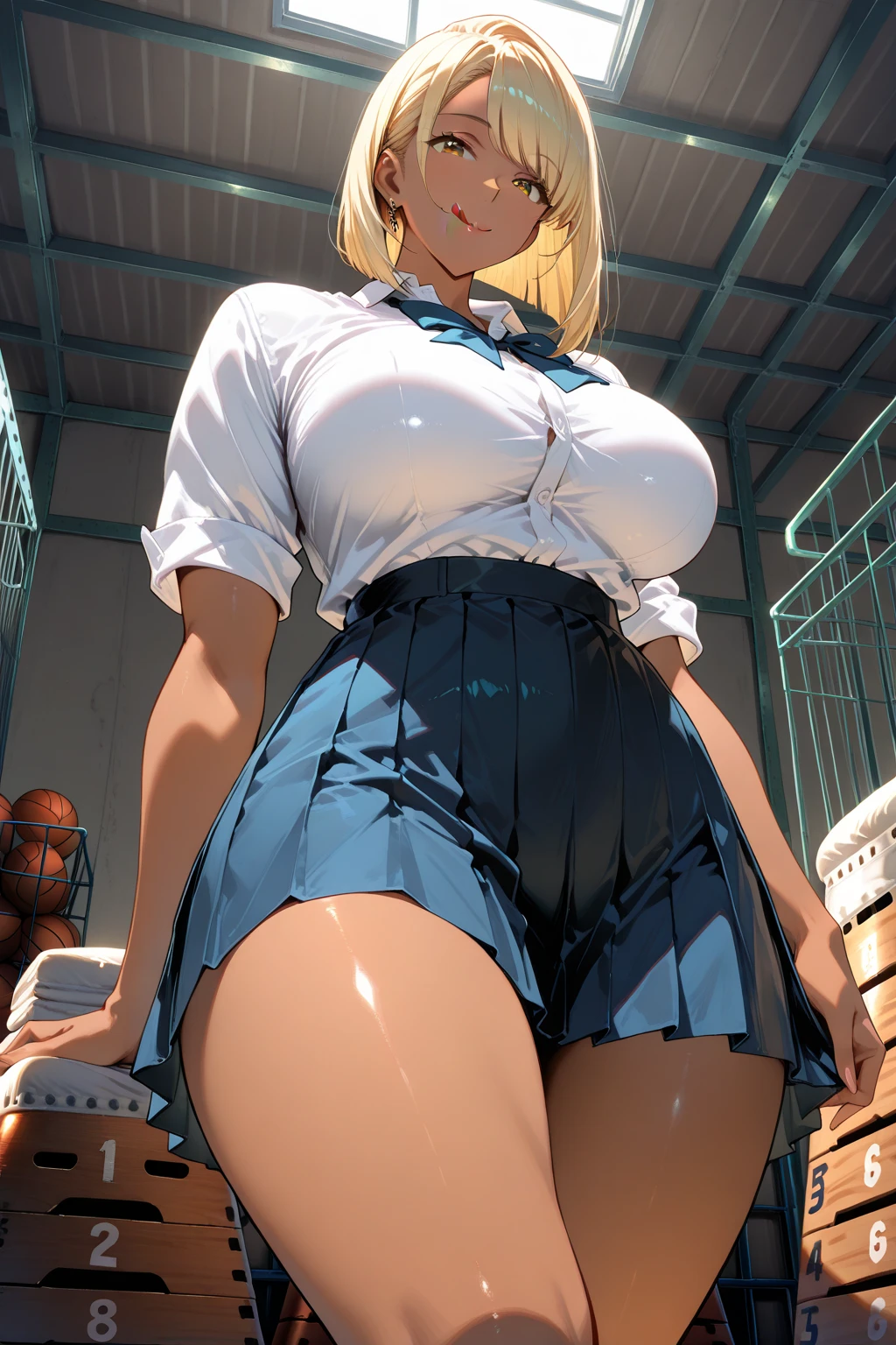 Beautiful full-length photo of an idol singer with 5 dancers, Masterpiece Quality, Shining Girls, (Miniskirt school Uniform:1.5), Bright stage lighting, Rock Stage, detail panties, ultra wide-angle, from below, bimbo, underwear, dildo under panties, dildo under clothes, gigantic breasts, cleavage, huge nipples