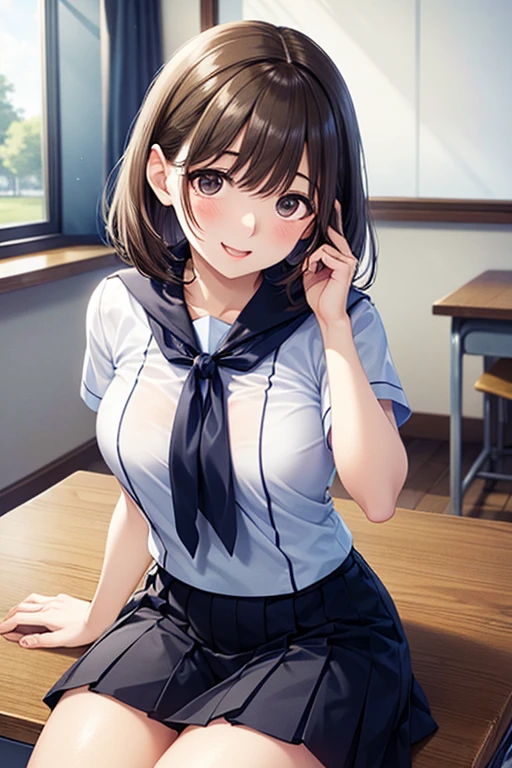 (masterpiece:1.2, Highest quality), (Realistic, photoRealistic:1.4), Beautiful illustrations, 
Looking at the audience, whole body, Front view:0.6, 
1 girl, Japanese, high School girl, (Long Hair:1.5), Hair fluttering, ((Hair Bun:1.5)), bangs, Hair between the eyes, Big Breasts:0.8, 
Beautiful Hair, Beautiful Face, Beautiful and detailed, Beautiful clavicle, Beautiful body, Beautiful breasts, Beautiful thighs, Beautiful legs, Beautiful fingers, 
(Beautiful views), , School,
((Collared short-sleeved shirt, White shirt, , Grey plaid pleated skirt, Blue checked bow tie)), White panties, 
(Are standing, , Lift up the skirt, Grab the hem of your skirt, please put your hand on your chest, Place your hands between your legs), 
blush, ,