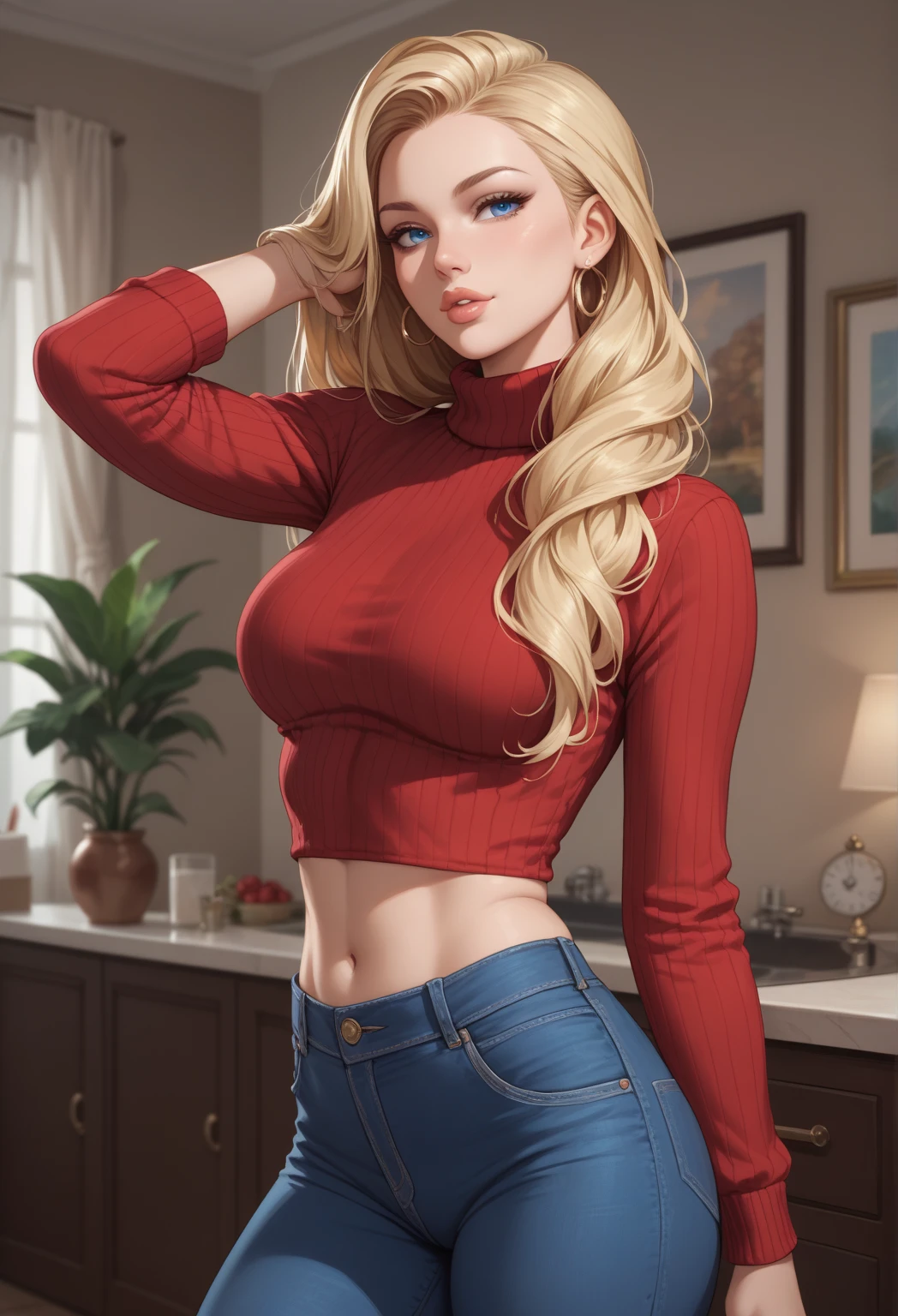 Big Breasts, 1girl, ((blonde hair, medium hair)) ((wolf girl)) light blue eyes, has an extremely sexy body, with full breasts and thin waist, and an extremely sexy body, HIP HOP style short denim, Beautiful red sweater fabric delicate, has a bold appearance. young, quality, realistic, best quality, cute expression, blue lipstick lips, parted lips, leaning, in the flower garden