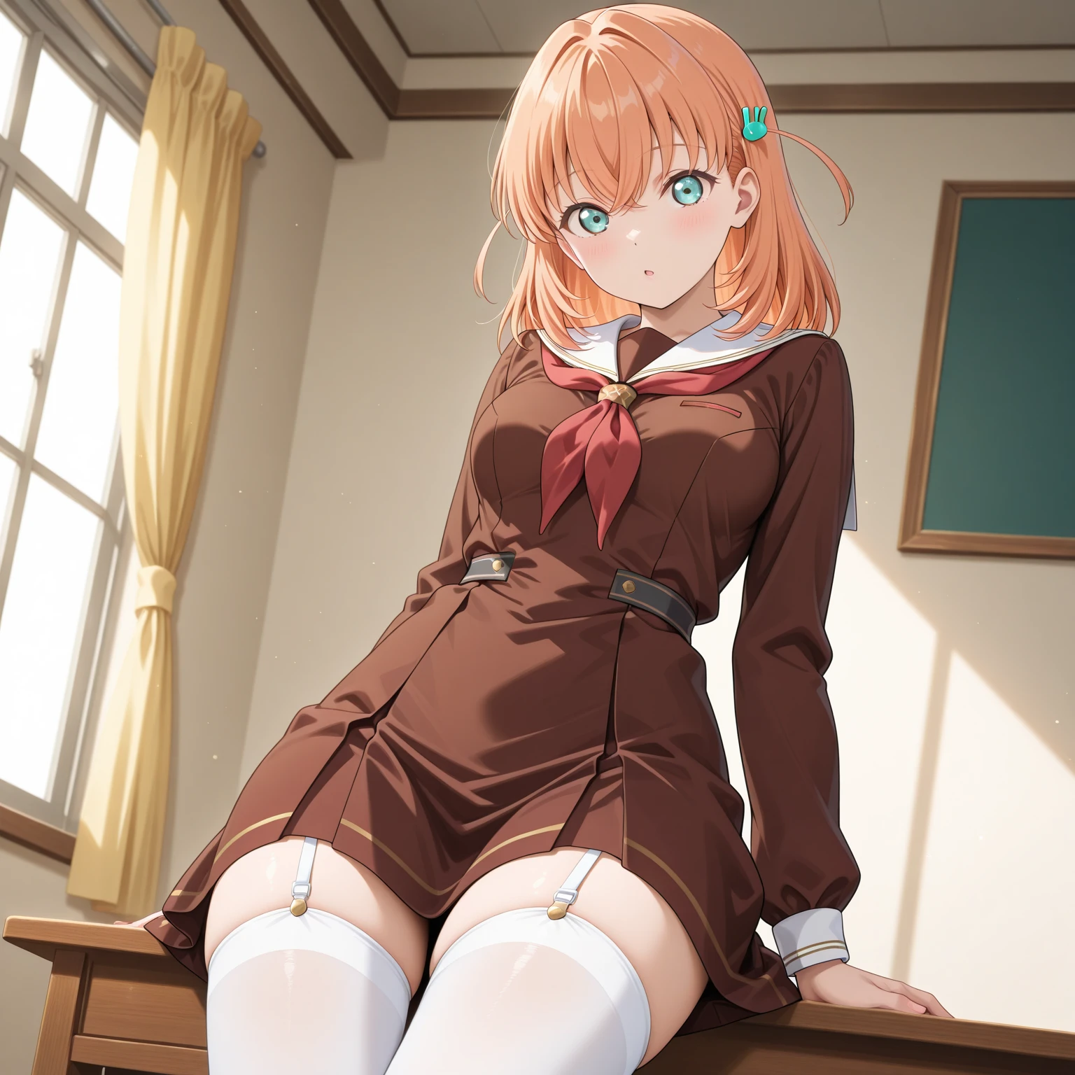 Nakano Yotsuba(The Bride of Fifths)、1girl in, masterpiece、top-quality、NSFW, anal、 orange hair, green hair bow, yellow sweater, black blazer, lowfers、Shining eyes、