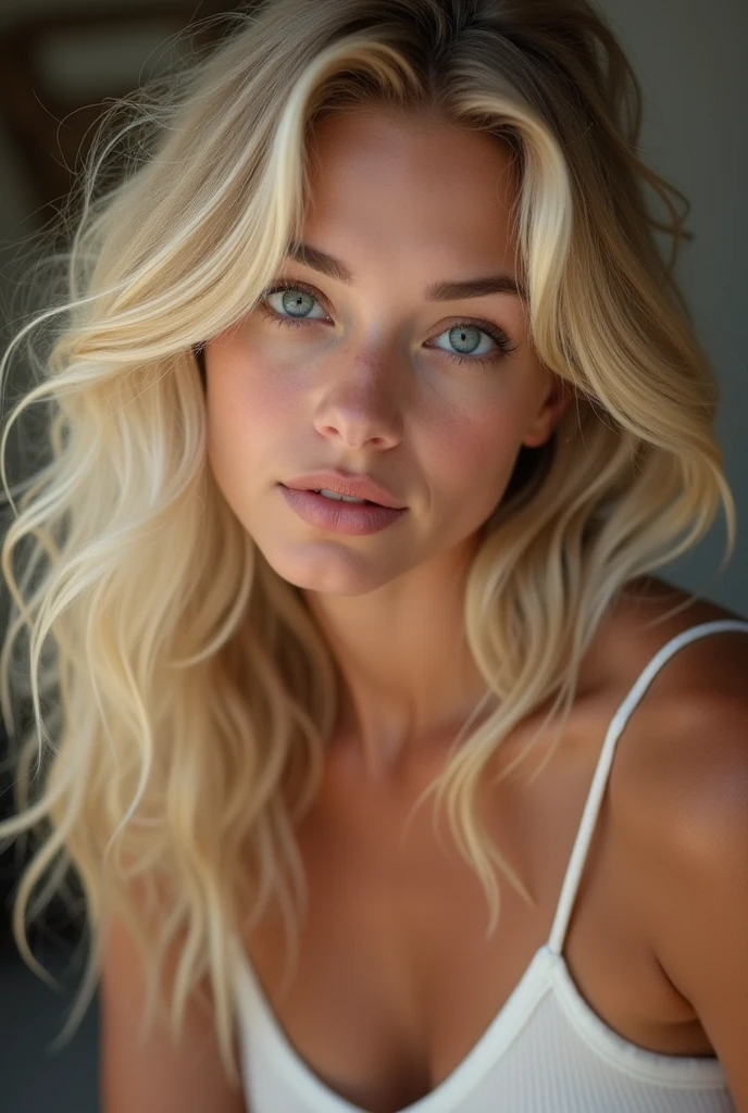 gorgeous woman with extra long wavy blonde hair, detailed alluring eyes, long sexy legs, wearing tiny nickers, t-shirt, ((detailed facial features)), (finely detailed skin), pale skin, realistic skin texture, extreme skin details, (pores:0.1), in the background beautiful futuristic cyberpunk city, best quality masterpiece, photorealistic, hyperrealistic, detailed, 8k, HDR, (Soft color: 1.2), shallow depth of field, broad light, high contrast, backlighting, bloom, light sparkles, chromatic aberration, sharp focus, RAW color photo
