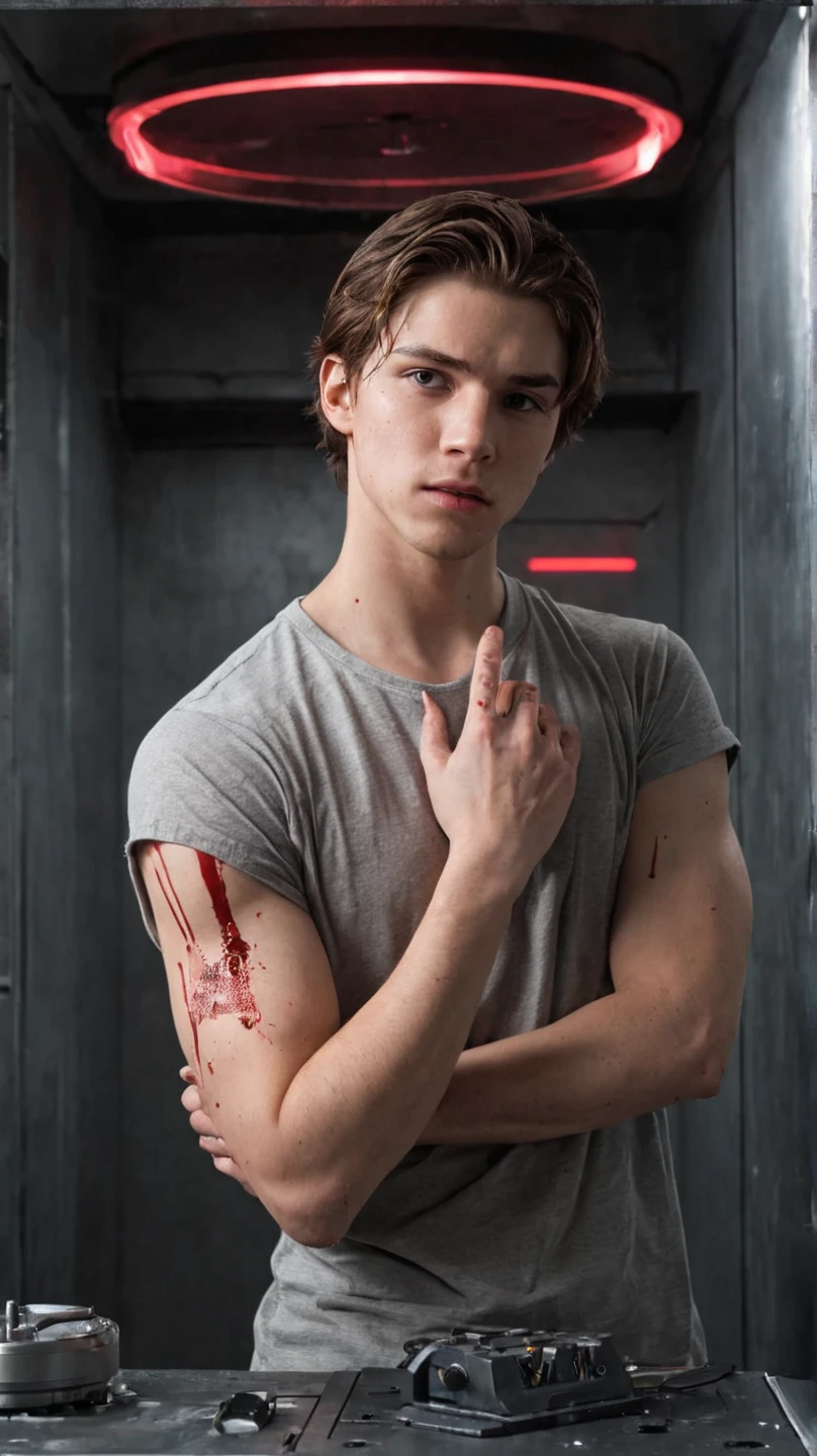 handsome teenage white boy, brown hair, , painful stab wound in stomach, fainting, bleeding wound, pained and scared expression, blood on floor, bloody white tanktop, short pants and no socks, covering wound with tanktop, holding wound with bloody hand, sitting in the water pool, slightly spreading blood in water, trail of blood, massive bleeding, detailed facial features, highly realistic, cinematic lighting, dramatic shadows, muted color palette, dramatic composition
