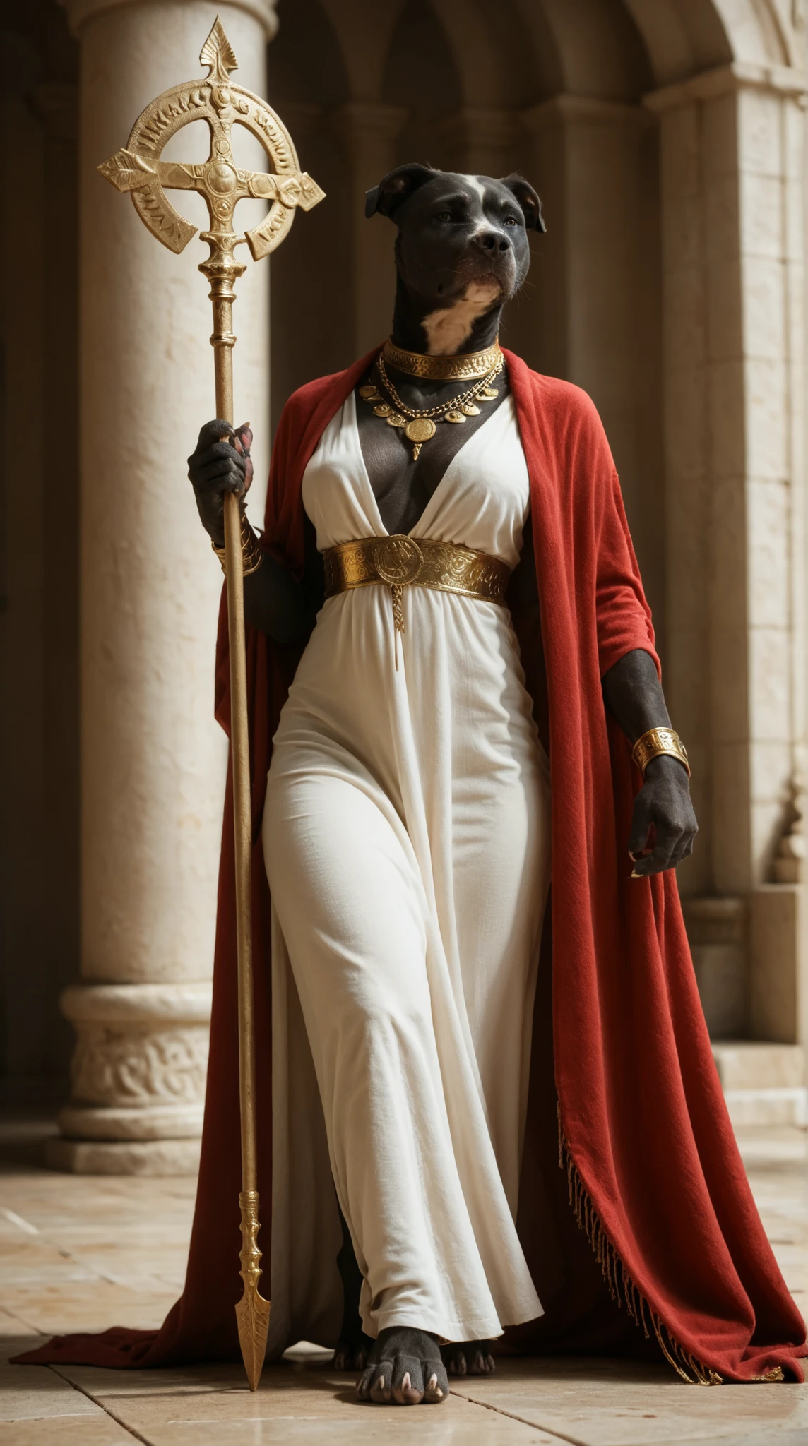 (anthro) ((pitbull)) standing holding a spear on a red velvet blanket wearing gold chain. Set against an (Grecian) backdrop that is covered marble. paws, female, posed like a Greek goddess