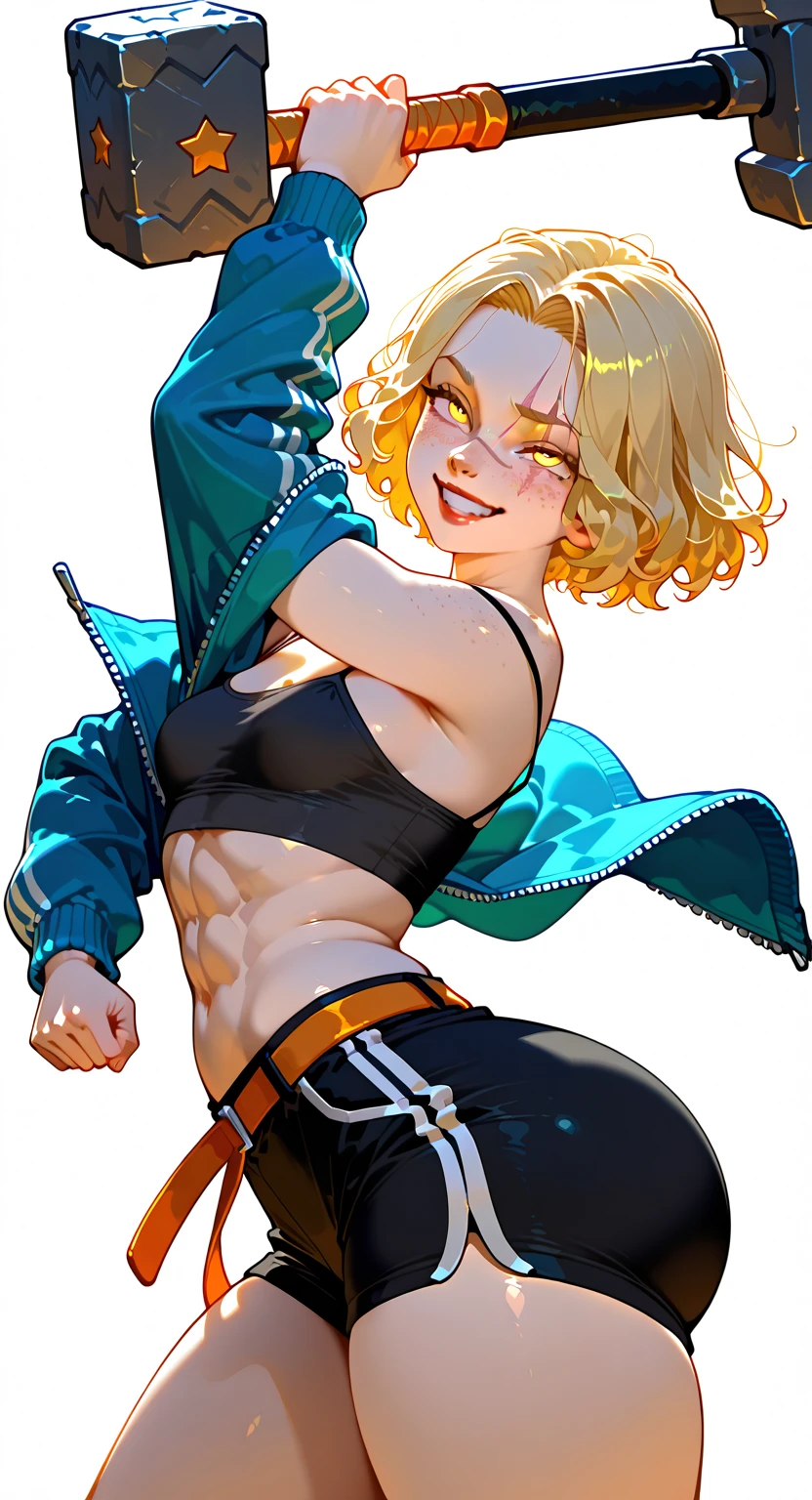 Gyaru girl, tan skin, short hair, messy hair, glossy lips, smile, open mouth, large lips, light blue eyes, winking, crop top, abs, jeans, wide hips, furrowed brows, tongue sticking out of her mouth, one piece style, swimsuit tan line, drooling