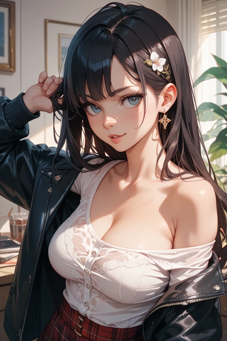 最high quality、best image quality、masterpiece、teenage girl((18-year-old、 By becoming、vest bust、medium bust,wide open breast tea、black eye, black hair、long hair、thin,highest valley、Perforated gloves、blue earrings、bandana、Black workwear、There is a spanner、There are black stains all over the body)),high quality、beautiful art、background((fighter jet、workroom、Mechanic Room)),debris flies、Depth of written boundary、movie、visual art、perfect art、8K,genuine