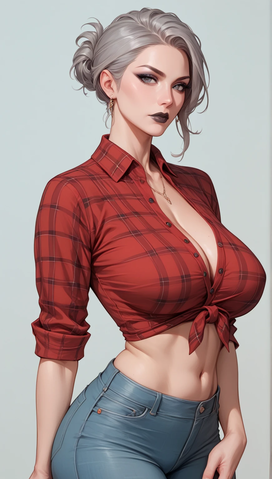 Light skin, bob cut, cleavage, tied shirt, midriff, flashing red panties, short skirt, stockings, green eyes, red hair, freckles, large breasts, blank background