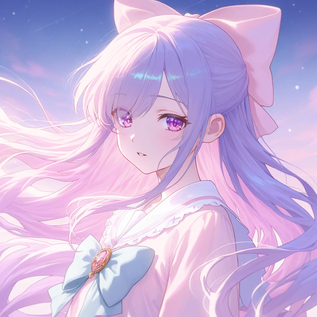 1girl, mika \(blue archive\), solo, scrunchie, wings, pink hair, wrist scrunchie, looking at viewer, flower, dress, hair ornament, long hair, head rest, yellow eyes, white dress, night, sleeveless, white pantyhose, hair bun, sleeveless dress, single side bun, hair flower, sitting, window, white wings, halo, blush, bangs, crescent, low wings, frilled dress, potted plant, indoors, angel wings, star \(sky\), sky, frills, night sky, pantyhose, blurry background, very aesthetic, absurdres