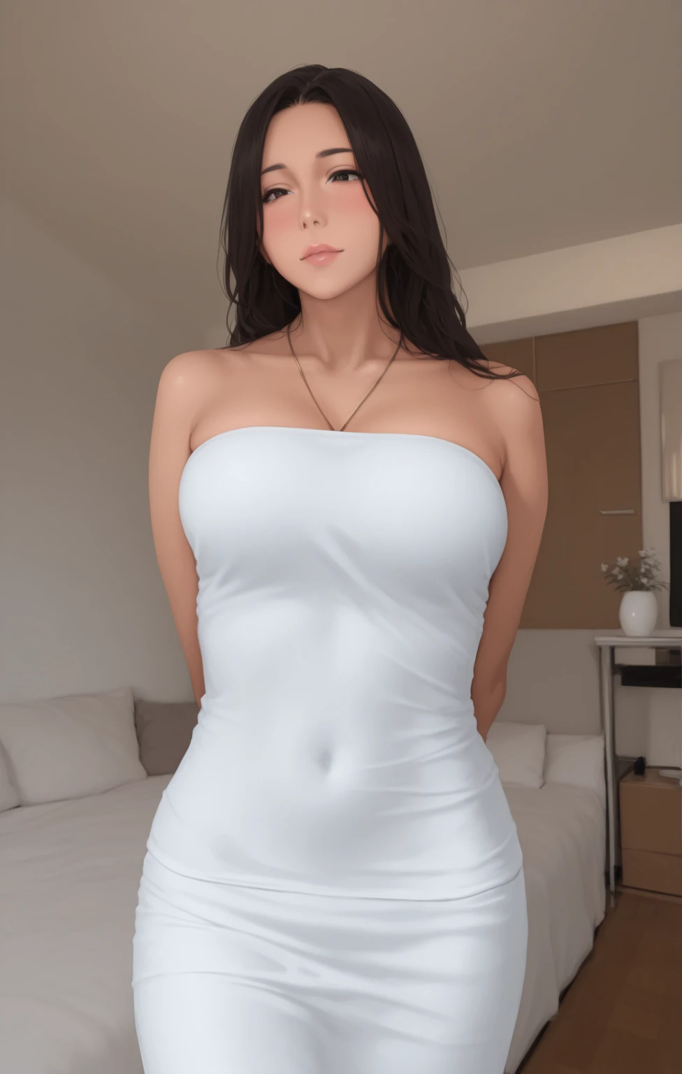 Attractive girl with big blue eyes, White skin, eyeliner and makeup stunning bodysuit black kawai bunny dress