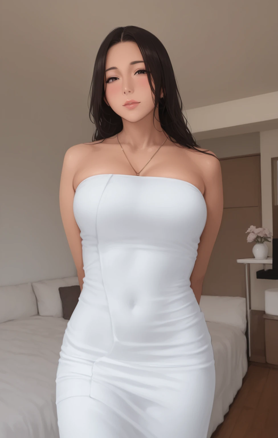 A beautiful hyperreal woman who represents Sailor Moon. Black hair, very big breasts, giant butt, tiny waist. Her face has Japanese anime features. She has long straight black hair down to her waist. Bangs: She has short, blunt bangs that frame her face and curve to the sides. She wears a vibrant red, skin-tight lycra jumpsuit that clings to every curve, featuring a high neckline and long sleeves with exaggerated, pointed cuffs. Makeup is bold with deep red matte lipstick and dramatic black eyeliner extended in a wing, complemented by silver highlighter on the cheekbones. Set in a modern art gallery with stark white walls, the outfit stands out dramatically under focused lighting.