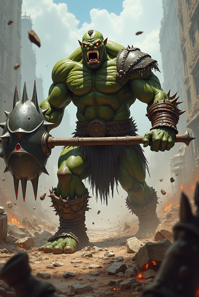best quality, high_resolution, distinct_image,mechanical axe,oger, battle, orc