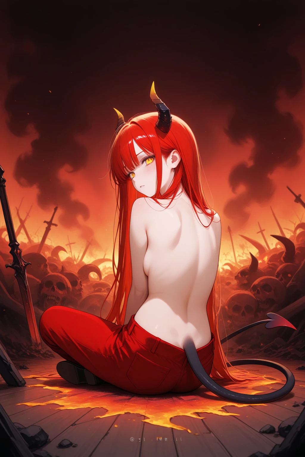 <lora:RedHoodX_XL_V1:0.9> masterpiece, best quality, redhoodx, very long hair, mechanical horns, (realistic:0.1), (anime:0.4), sunset, fantasy landscape, from behind, full body, nude, nsfw, from below, standing, looking back, waterfall, partially submerged