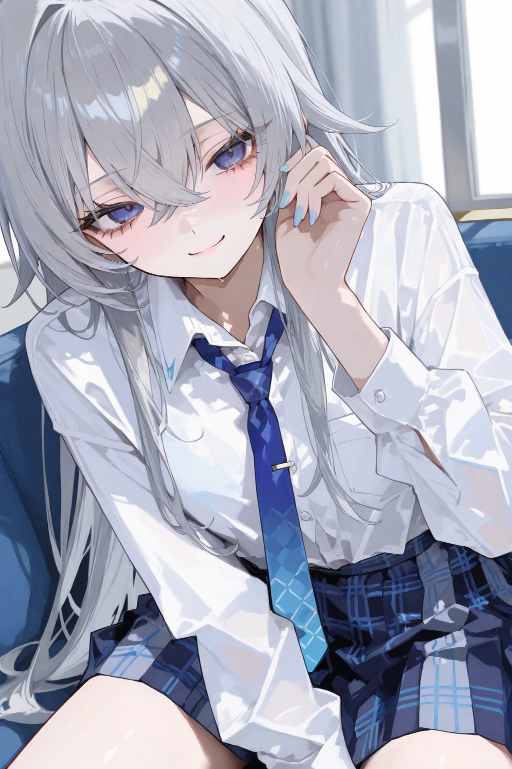 masterpiece, best quality, 1 girl, <lora:TerminusEst:0.8>, terminus est, white hair, long hair, blue eyes, hair between eyes, school uniform, white shirt, white vest, buttons, frills, puffy sleeves, neck ribbon, white pleated skirt, black thighhighs,