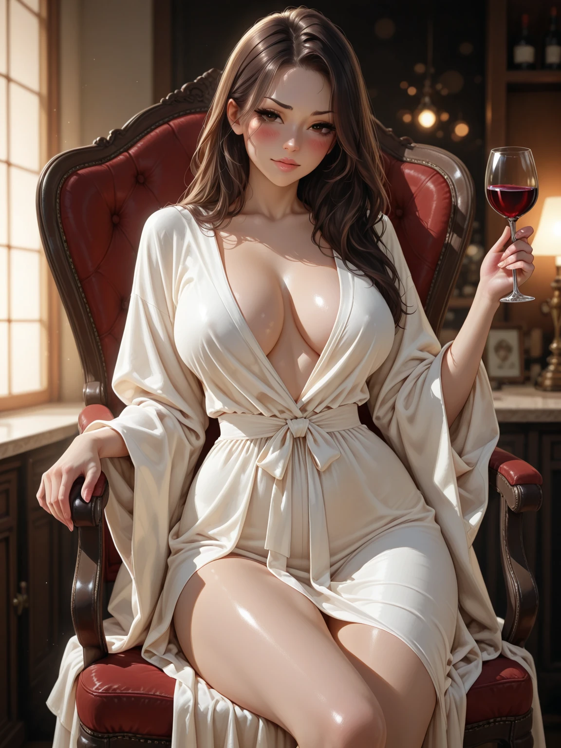 (beautifull lady with gigantic breast, wear detail luxury pink hijab, elegantly sit on luxury chair, luxury pillow),  (luxury blanket), (window with luxury frame), (luxury flower vase), (luxury small table and glass of wine), (luxury lamp), (luxury parfume bottle), (luxury ornament on the wall), (luxury candle), (beautifull painting on the wall), (luxury wall ornament), (detail pink strapless bra), (luxury kimono), (luxury garter belt), (detail luxury high heels), (luxury crown), (show sideboobs), (show thigh), (detail underboobs ornament), (detail luxury chest ornament), (detail luxury arm ornament), (detail hips ornament), (gigantic breast:1,9), beautifull face, beautifull eyes, beautifull nose, sexy lips, pink nails, raytracing, nsfw, beautifull fingers, beautifull hands, sexy belly, sexy body, sexy shoulders, sexy legs, sexy hips, (luxury bracelet), (luxury ring), (luxury necklace), white skin, (4 fingers in 1 hand), full body picture, pretty makeup, good lighting, realistic shadow, professional photography, pink and gold color scheme, 4k resolution, perfect anatomy, sfw