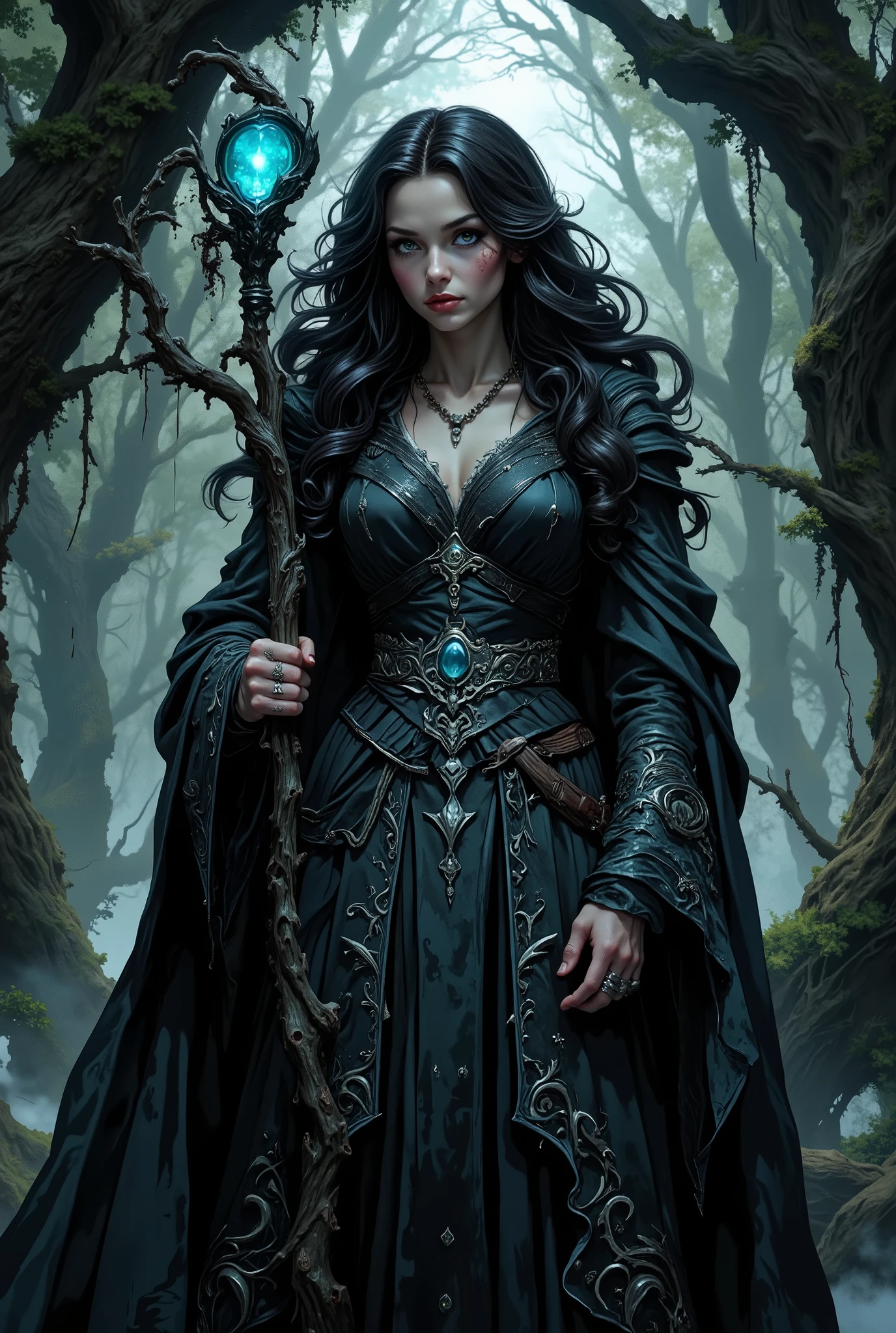 A realistic photo with a cinematic feel. In the photo, a female necromancer stands in a dense forest. The Necromancer has pale and smooth skin and long black curly hair that hangs naturally. She has a pair of green eyes, which are piercing. Her facial features include high cheekbones, a small nose, and full lips with a determined expression. She wore a dark robe with intricate silver embroidery and a hood that partially covered her face. She wore a silver ring on her hand and held a staff made of twisted black wood with a crystal that glowed blue at the top. The forest around her was thick with ancient, twisted trees, with mist hanging from their roots. The light was dim, with moonlight shining through the dense canopy of trees, casting an eerie glow on the scene. The overall atmosphere is mysterious and eerie, with the Necromancer's presence exuding power and majesty.