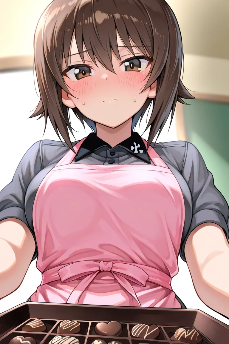 ((Small Breasts)),Highest quality、Very delicate and beautiful、((Very short bangs))、((Bangs))、Light shiny brown hair、The hair is light、((Short Bob))、Cute face、Young face、Cute like an idol、Yellow Eyes、Are thin、Slim figure、Short、(Child body type)、((Lots of sweat))、Embarrassed face、Open Mouth、Troubled face、Red face、(School classroom)、Photographed from the front、