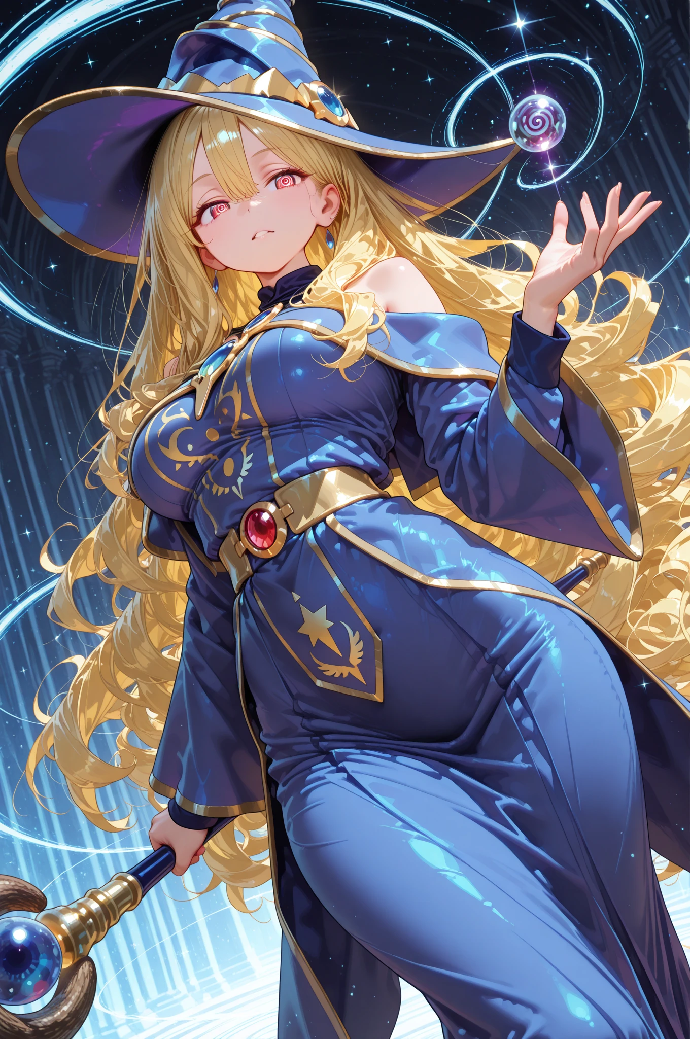 18-year-old girl, long wavy blond hair, red eyes, beautiful magician, voluptuous figure, purple magician revealing clothes, purple magician hat, coquettish smile, golden staff with a blue sphere on it, purple hood