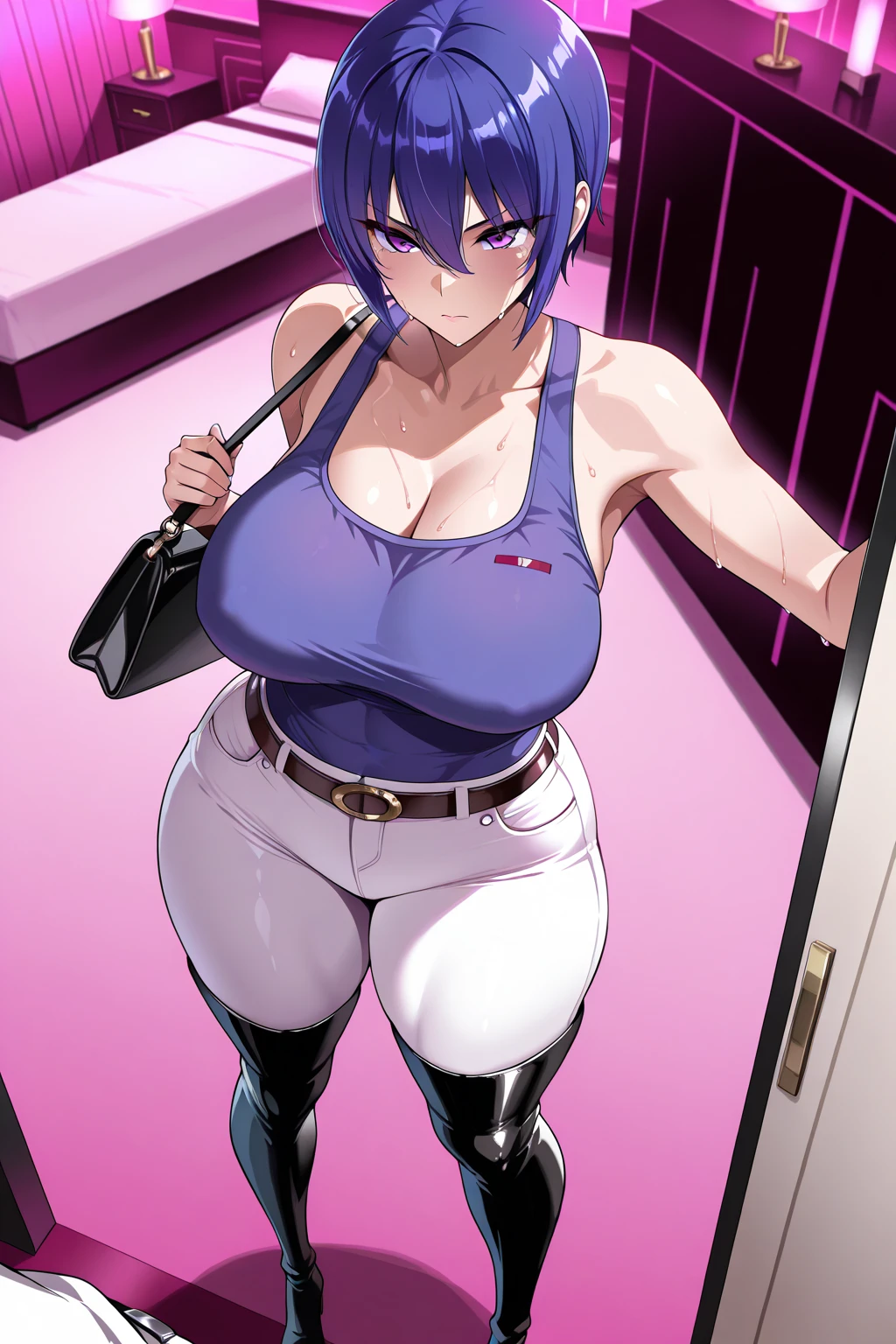 beautiful hands、ultra detailed hands、ultra detailed eyes、black thigh boots、garter strap、huge breasts、visible chest、thick thight、A sexy、grinning evily、Black sailor suit、spread legs、underwear、 skirt、short black hair、solo、nurse、street