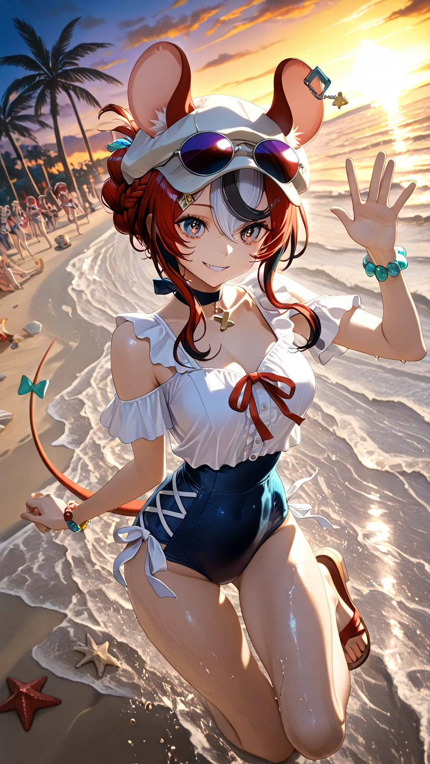 Top quality, high resolution, perfect human structure, background focus, front view, glowing hair, on a ship, at sea, Nami from ONE PIECE cosplay, cat ears, toothy smile, gradient eyes, swept bangs,