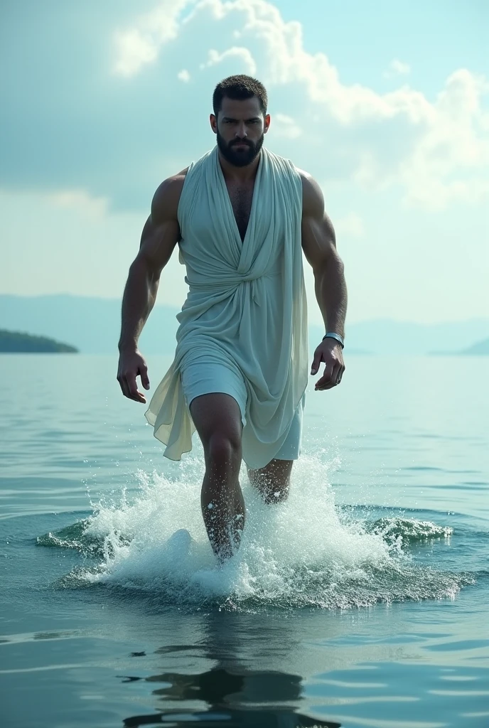 Jungkook, the world-famous idol, emerges from the ocean waves, his muscular physique glistening in the sunlight.
His raven hair is tousled and damp, clinging to his forehead as he steps onto the sandy shore.
A look of power and confidence graces his features, accentuated by his piercing dark eyes.
Draped around his waist is a flowing white cloth, reminiscent of ancient Greek attire.
His bare feet sink into the soft sand as he walks towards the viewer, leaving a trail of glistening droplets in his wake.
The ocean waves crash against the shore behind him, as if bowing to their new ruler.